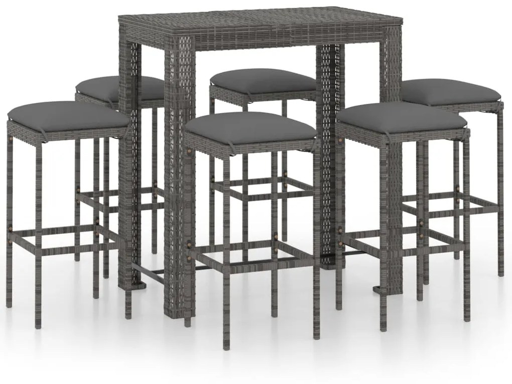 Set da bar da giardino 7 pz con cuscini in polyrattan grigio