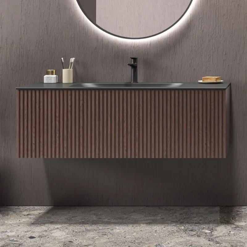 Mobile bagno sospeso 120cm rovere effetto cannettato con lavabo nero KDS-120L - KAMALU