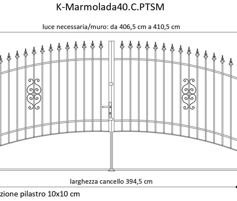 Cancello Marmolada in ferro, apertura centrale, L 408.5 x 195 cm, di colore ruggine