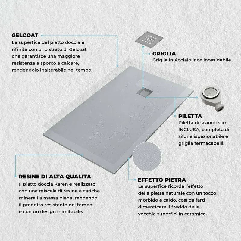 Piatto doccia su misura 80x80 Karen in resina effetto pietra grigio