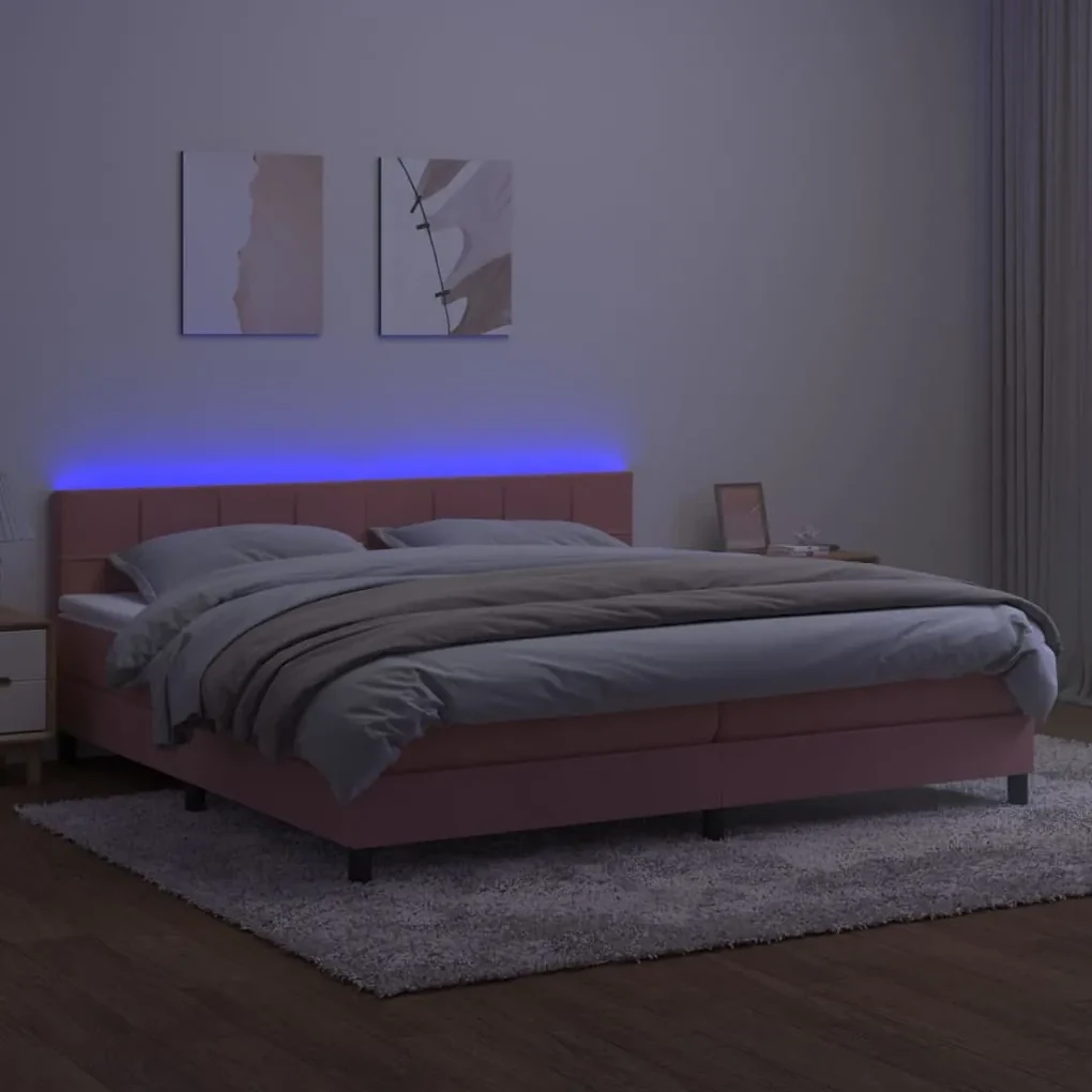 Letto a molle con materasso e led rosa 200x200 cm in velluto