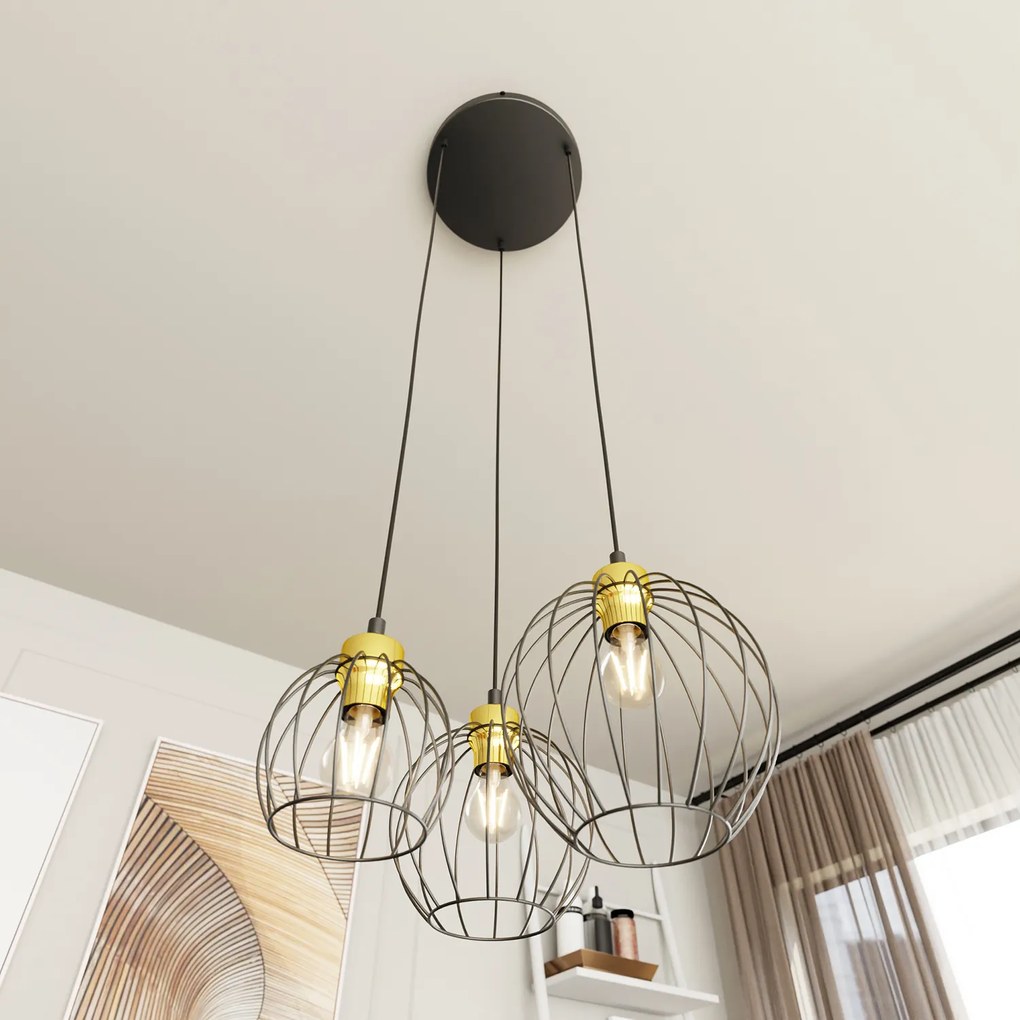 Sospensione Minimal Industrial Hathor 3 Luci Tonda Nera E Oro