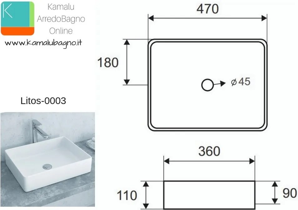 Lavabo bagno appoggio 47cm design moderno ceramica modello Litos-0003 - KAMALU