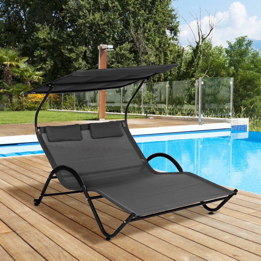 Lettino Prendisole 2 Posti da Giardino 200x137x138 cm con Tetto Parasole in Acciaio Grigio...
