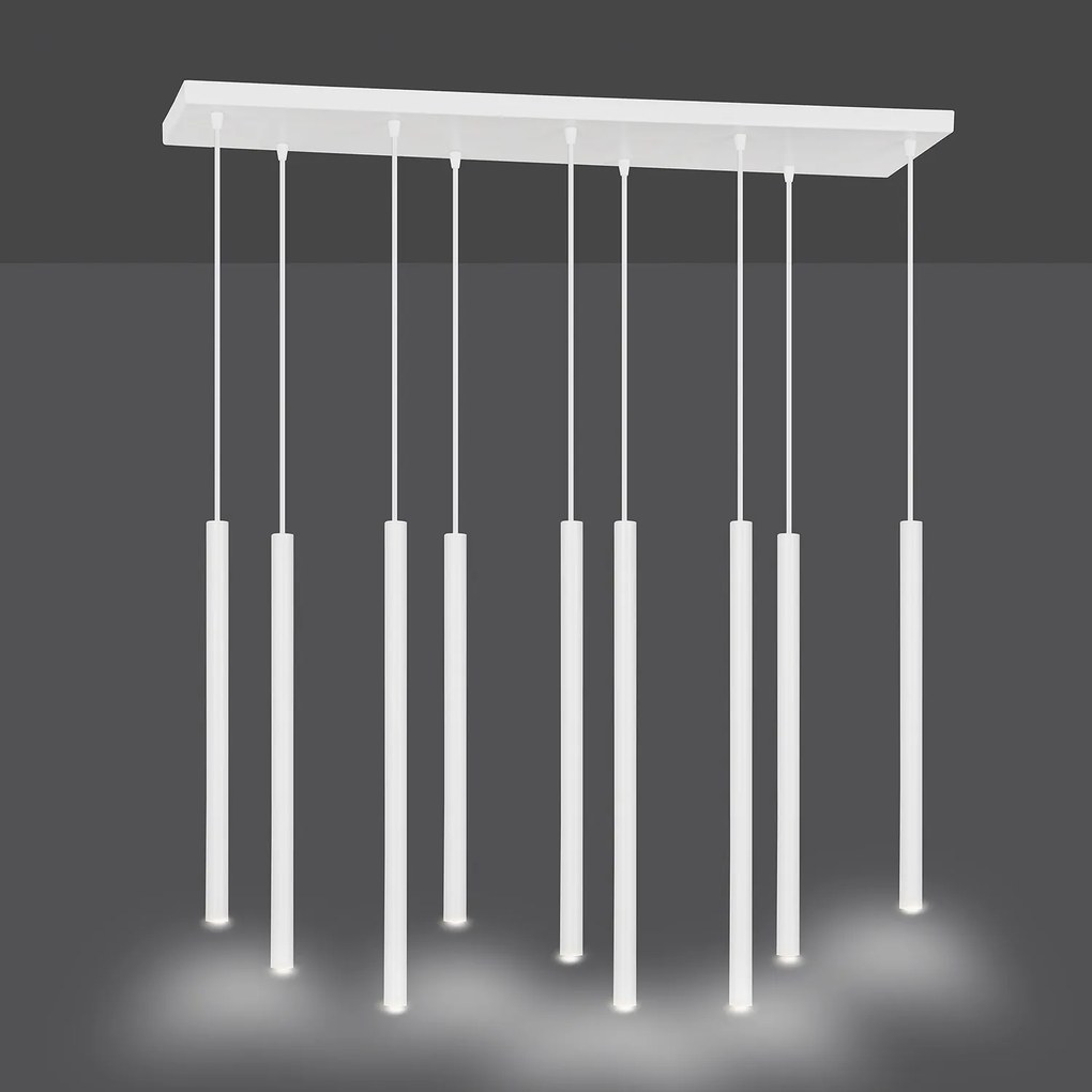 Lampadario 9 Luci Moderno Shu Acciaio Bianco E Paralumi A Cilindri Sottili