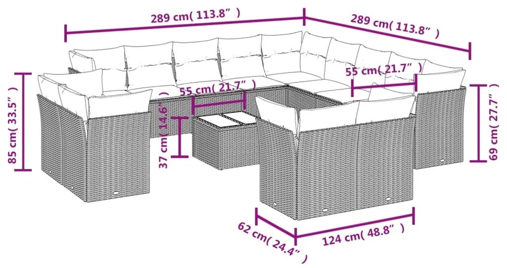 Set divani da giardino 14pz con cuscini in polyrattan