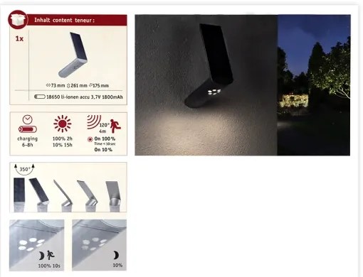 Paulmann 94261 - LED/1,2W IP44 Applique solare con sensore ILIAS 3,7V