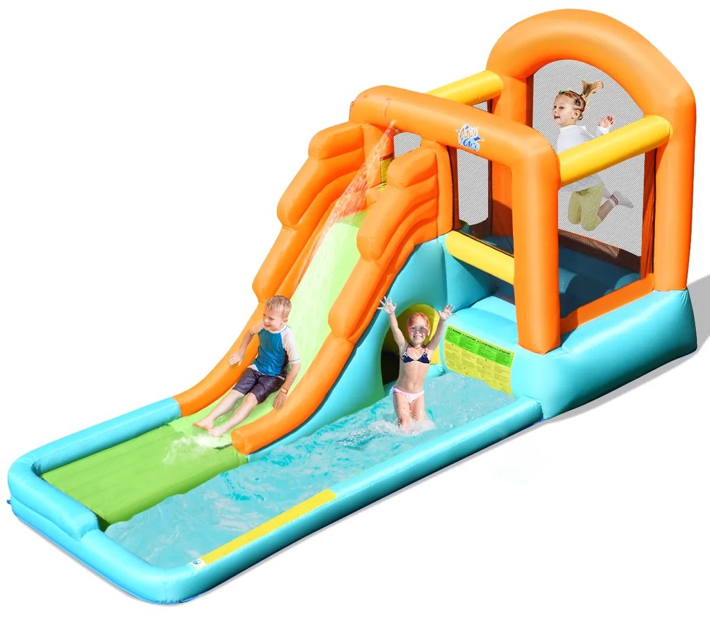 Costway Castello gonfiabile con scivolo ad acqua area e piscina 490x225x240cm, Parco acquatico gonfiabile per bambini