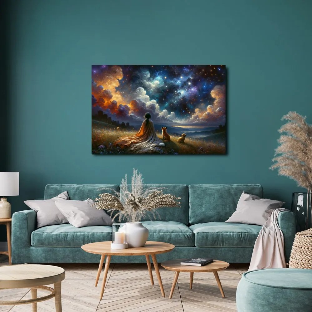 Quadro su tela – Figura con animali sotto le stelle