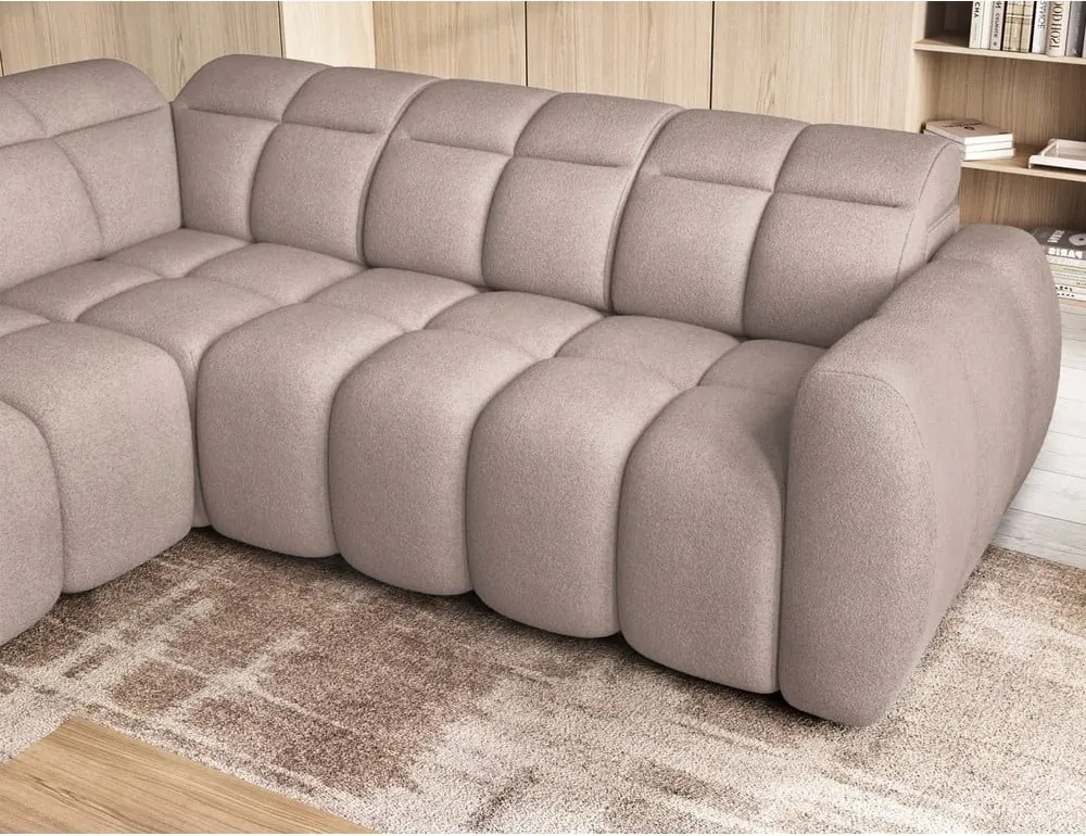 Divano angolare marrone chiaro allungabile/con contenitore (con penisola a sinistra/a L) e rivestimento in bouclé Falconn – ELTAP