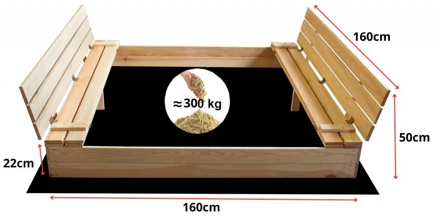 Sabbiera in legno per bambini con panchine 160 x 160 cm - richiudibile