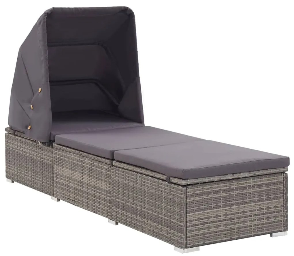 Lettino Prendisole Con Tettuccio E Cuscino İn Polyrattan Grigio /