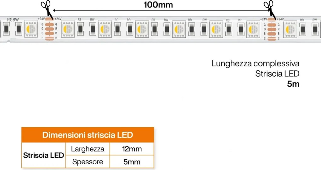 Striscia LED RGBW Multicolore 24V 17W/m Professionale - IP67 - 5 metri