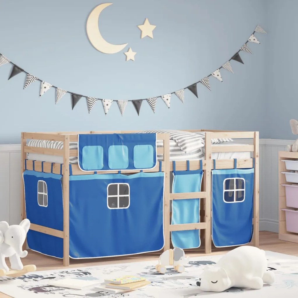 Letto a soppalco con tende bambini blu 90x200 cm massello pino