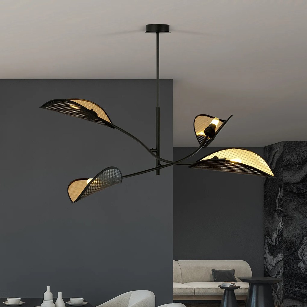 Sospensione Nordica 4 Luci Ares In Acciaio Nero Oro Bracci Regolabili