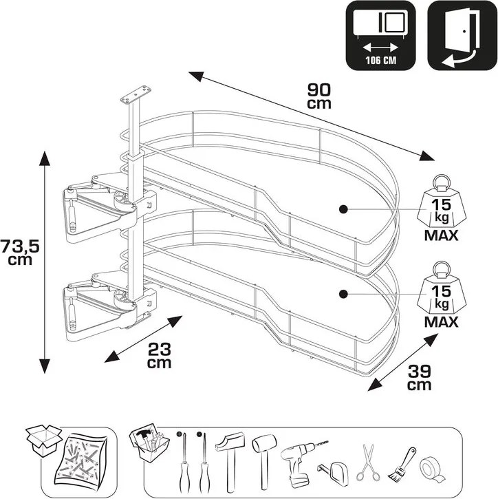 Cesto portaoggetti per mobile ad angolo estraibile anta sx in acciaio antracite L 90 x H 73.5 x P 39 cm