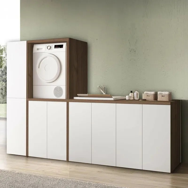 Colonna per lavanderia H 180 cm effetto legno e ante in bianco Wanda