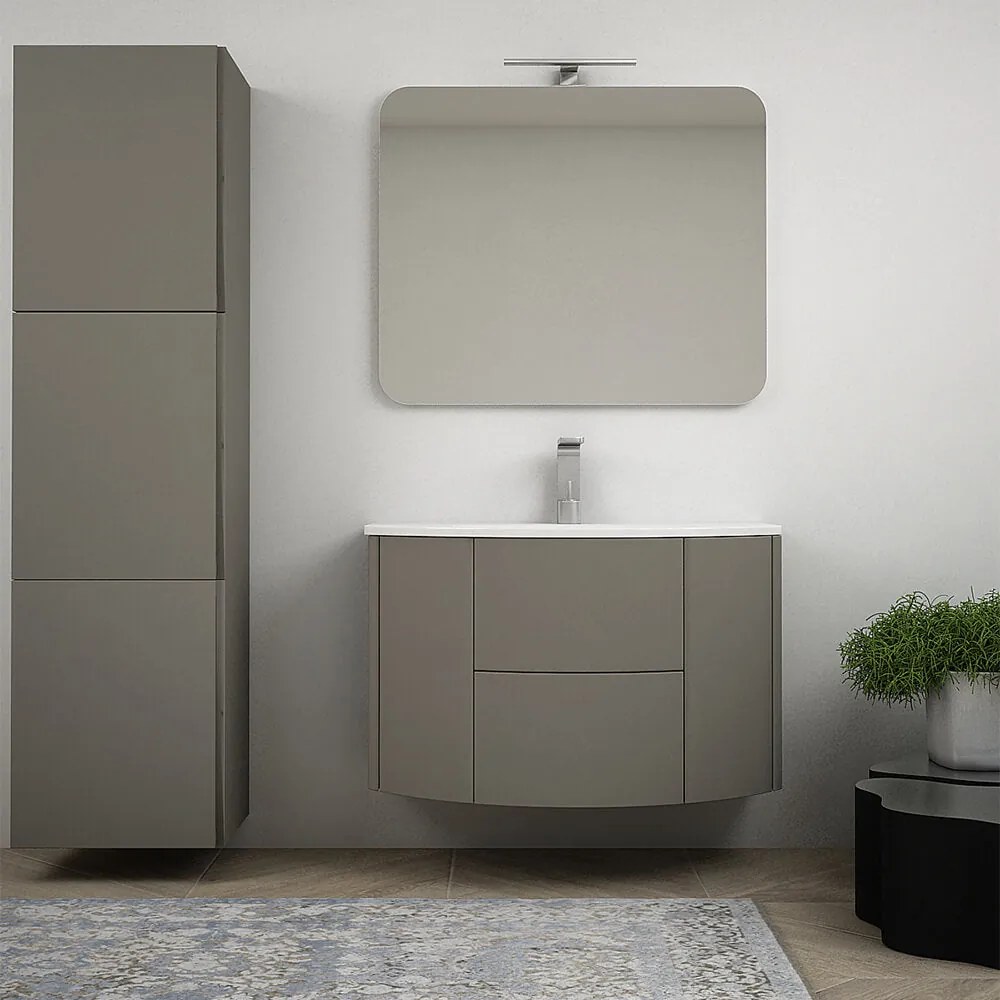 Mobile da bagno Nairobi 90 sospeso tondo Grigio talpa con specchio filo lucido e colonna da 170 cm