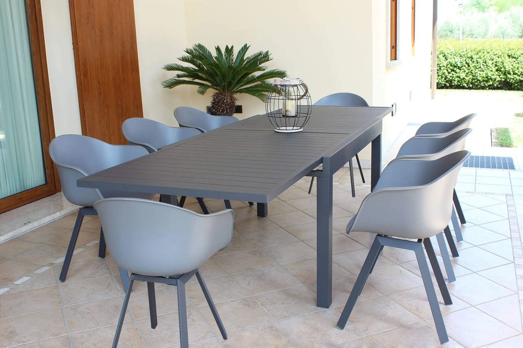 JERRI - set tavolo in alluminio cm 135/270 x 90 x 75 h con 8 poltrone Jessie