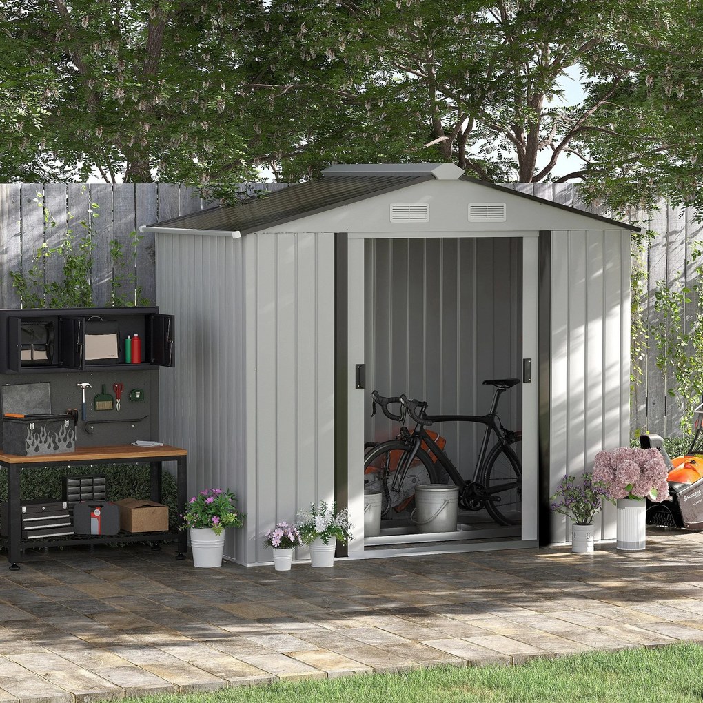 Casetta Box da Giardino Porta Utensili 213x130x185 cm con Porte Scorrevoli in Acciaio Bianco...
