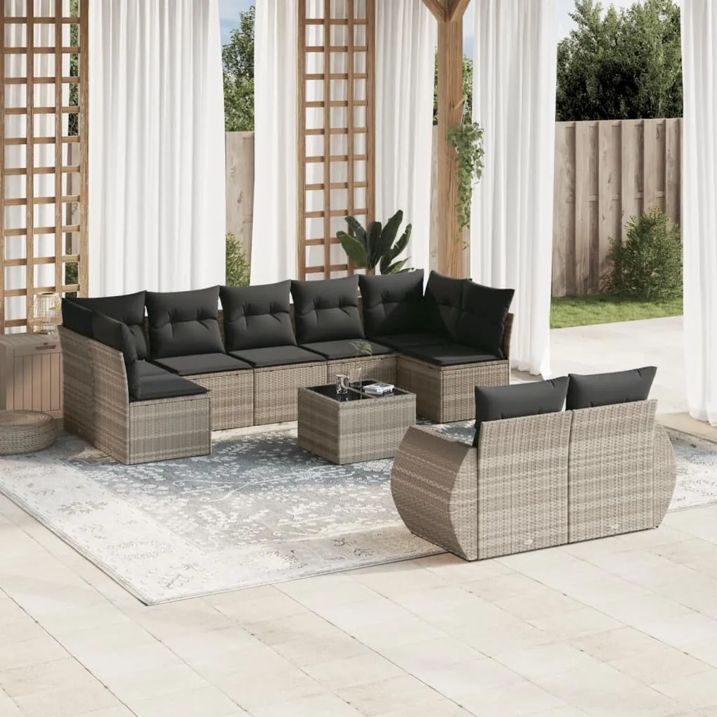 Set divano giardino 10 pz con cuscini grigio chiaro polyrattan