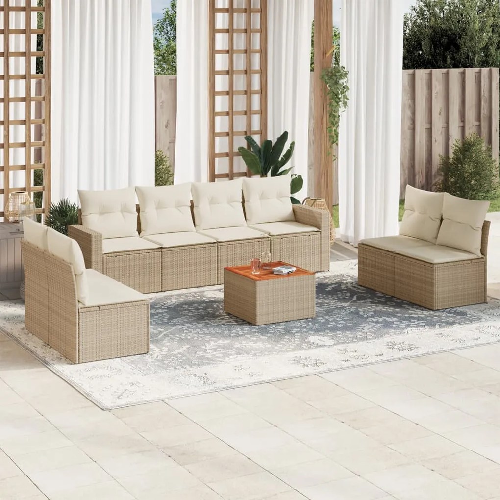 Set Divano da Giardino 9 pz con Cuscini Beige in Polyrattan