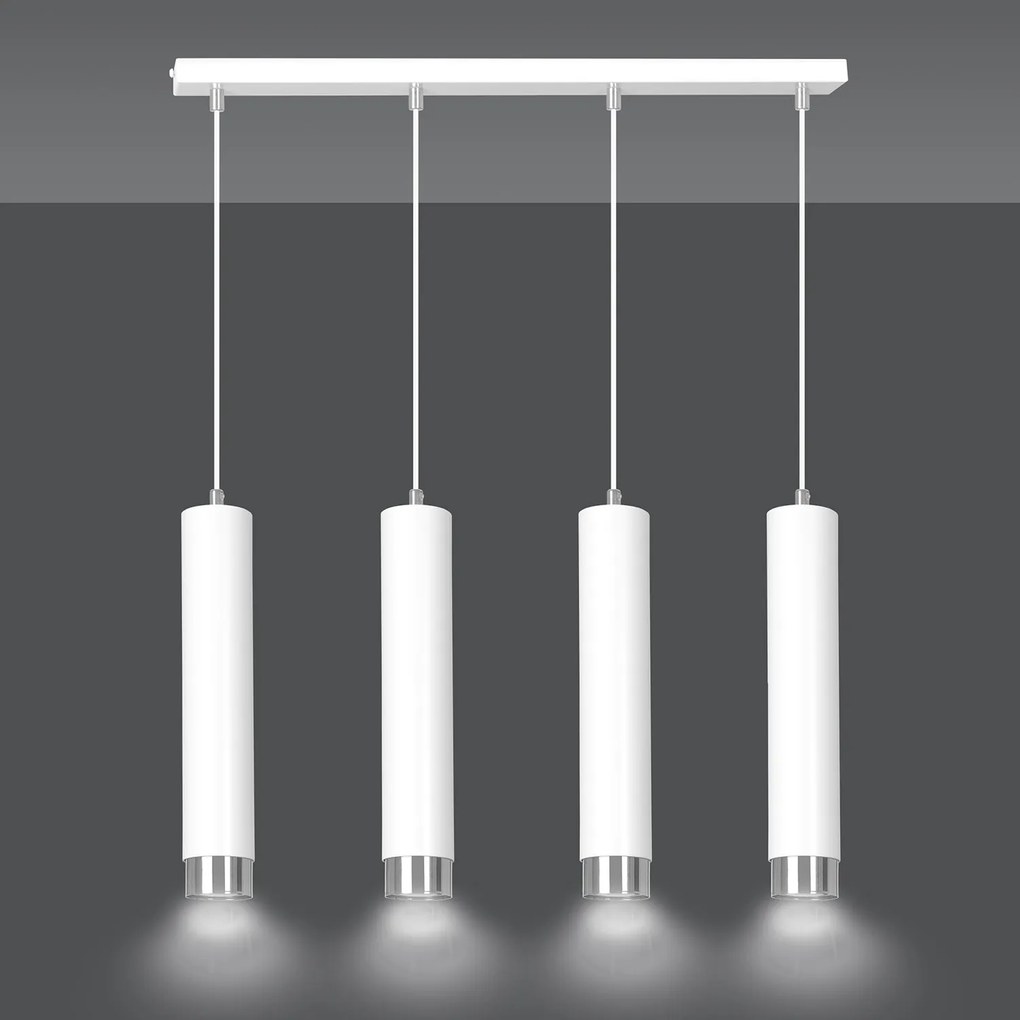 Lampadario 4 Luci Brunilde In Acciaio Bianco E Tubolari In Bianco E Cromo