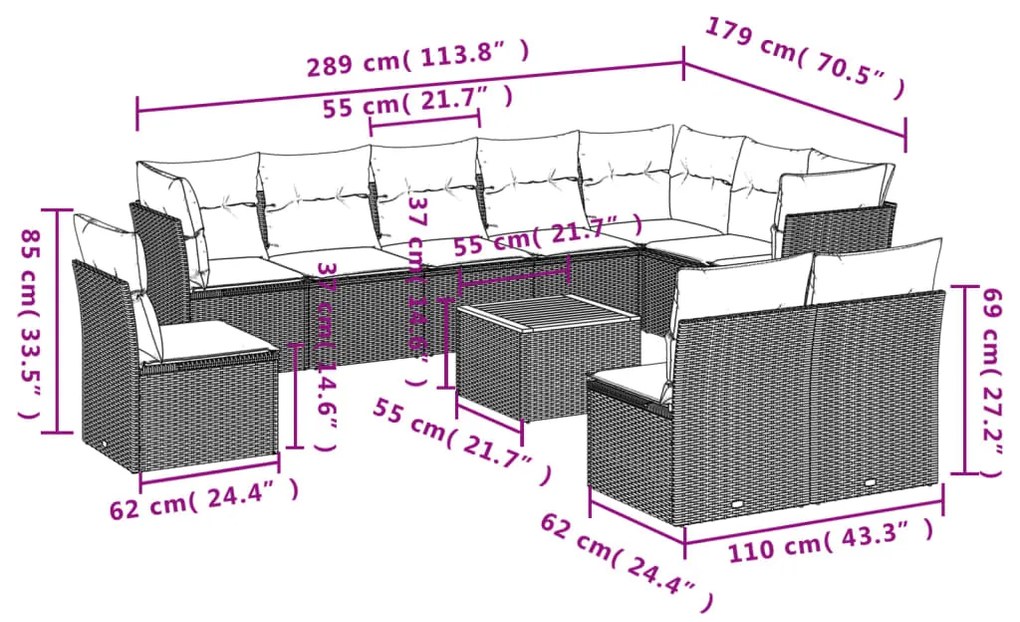 Set divani da giardino 11 pz con cuscini beige in polyrattan