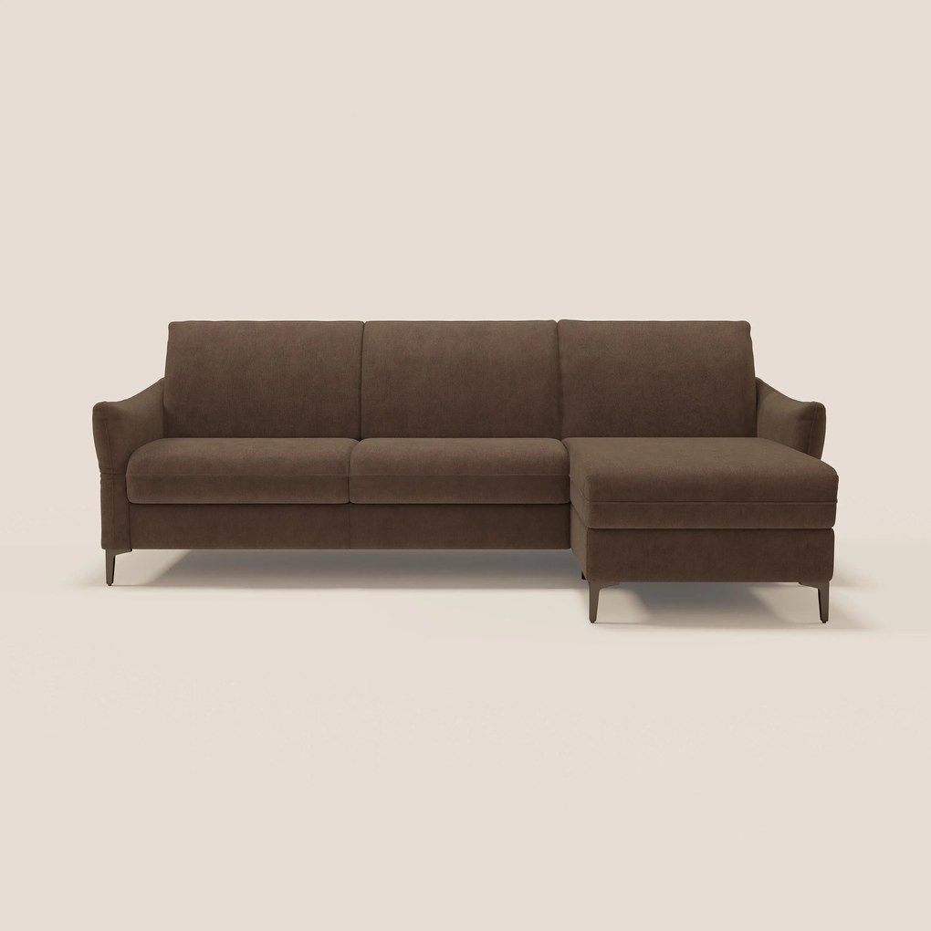 Dalia divano letto angolare con materasso alto 18 cm piedini alti e penisola contenitore in tessuto smacchiabile T17
