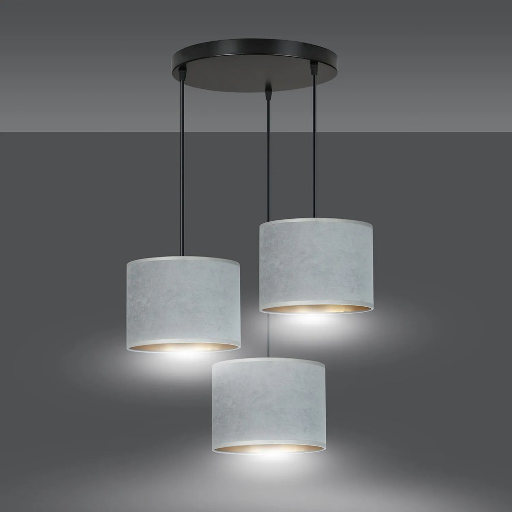 Lampadario Tondo 3 Luci Ganesha In Acciaio Nero E Paralumi In Tessuto Grigio