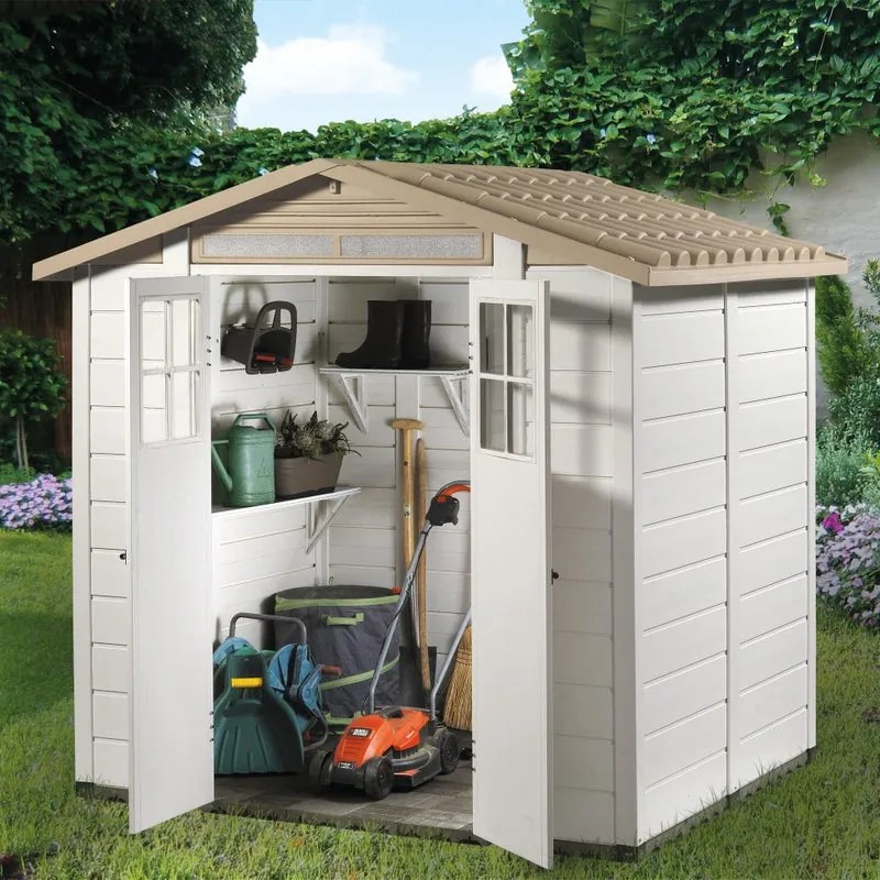 Casetta da giardino GAROFALO in pvc Tuscany Evo beige con porta doppio battente, superficie interna 3.98 m² e spessore parete 20 mm