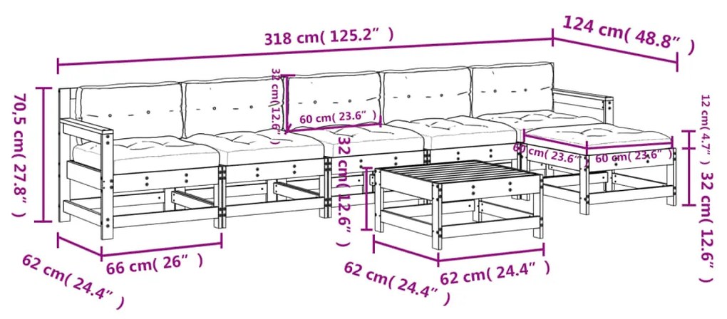 Set Divani da Giardino 7 pz con Cuscini in Legno Massello Nero