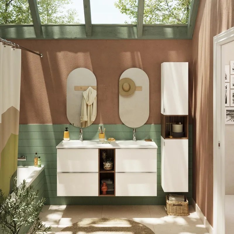 Mobile bagno sospeso con lavabo e organizer per cosmetici, top incluso L 120 x H 55 x P 45 cm bianco e noce in truciolare 4 cassetti per doppia vasca Modern