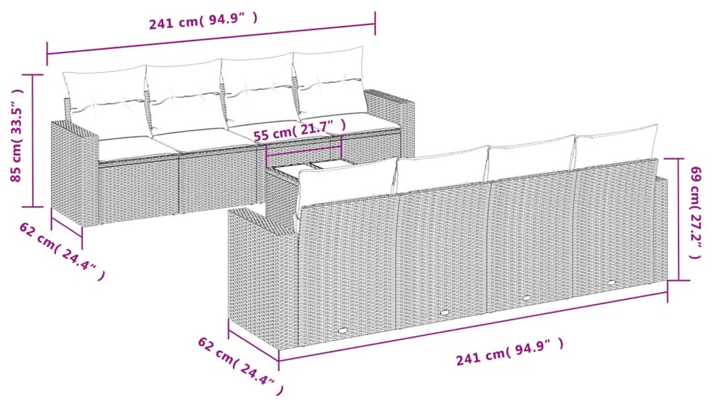 Set divano da giardino 9 pz con cuscini beige in polyrattan