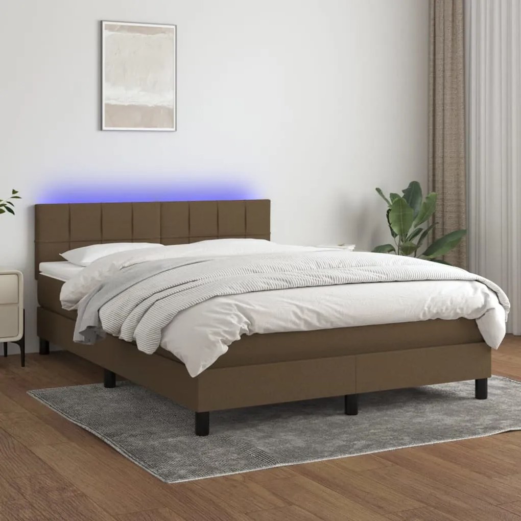 Letto a molle materasso e led marronescuro 140x190cm in tessuto