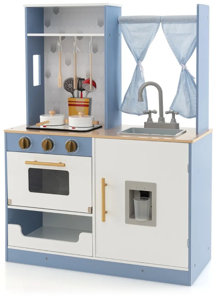 Costway Cucina giocattolo per bambini con tende fornelli lavandino e distributore d'acqua, Set da cucina giocattolo Blu e bianco