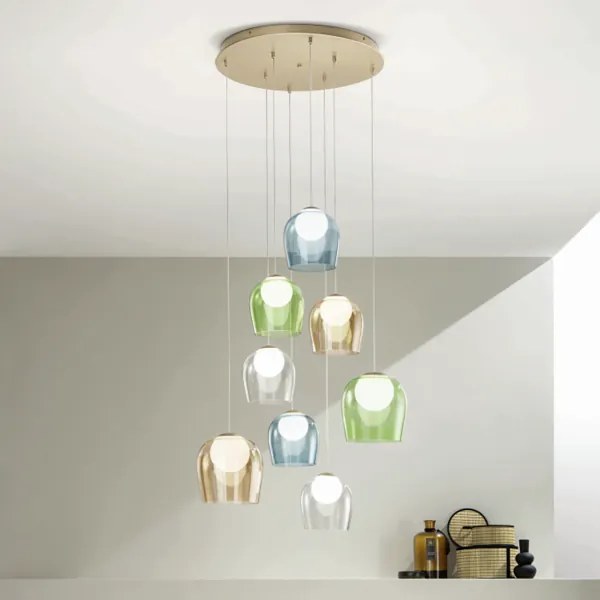 Lampada a sospensione in metallo Oro e vetri colorati SANTOS 8 Luci Led