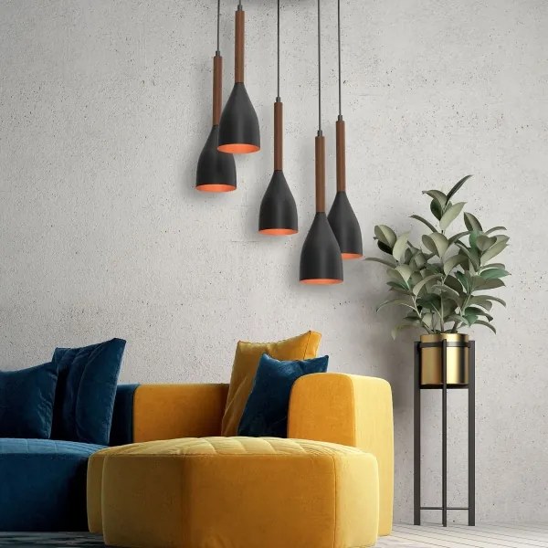 Lampadario a sospensione con filo MUZA 5xE27/15W/230V nero/marrone/rame/faggio