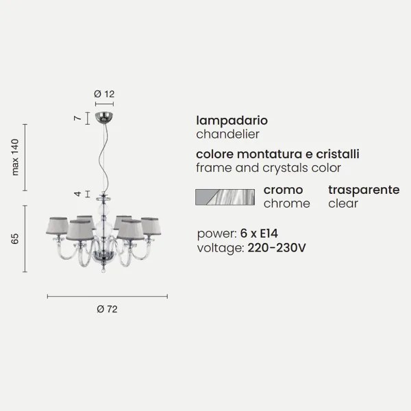 Lampada a sospensione D72 cm BACH senza paralume in vetro trasparente 6 LUCI CROMO