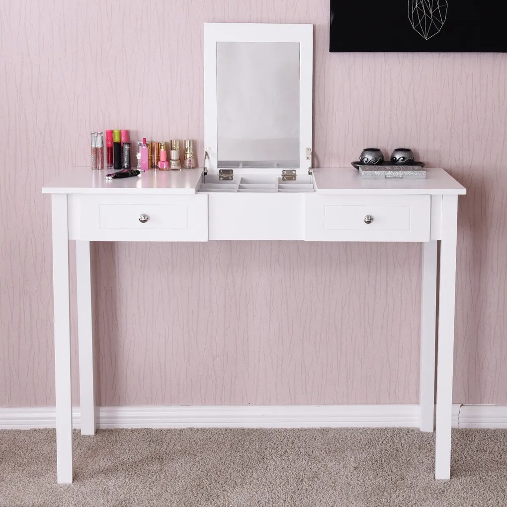 Costway Tavolo cosmetici con specchiera ad alta definizione e 2 cassetti, Toeletta da trucco versatile 112x48x82cm Bianco