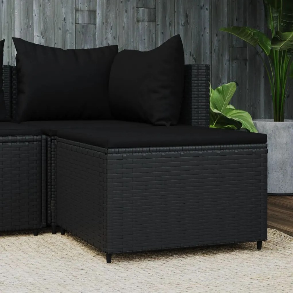 Poggiapiedi da giardino con cuscino in polyrattan nero
