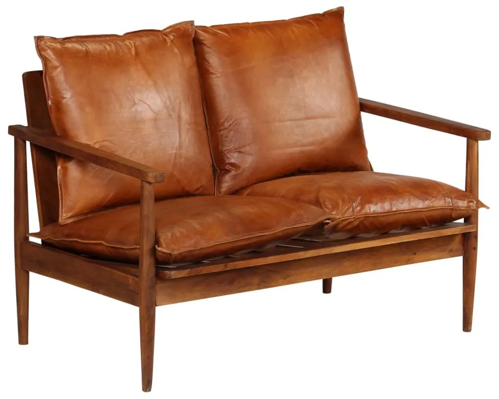 Set divani 3 pz in vera pelle e legno massello acacia marrone