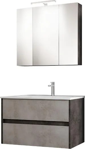 Mobile da bagno sospeso moderno con lavabo 81 cm a 2 cassettoni maniglie a gola, effetto cemento