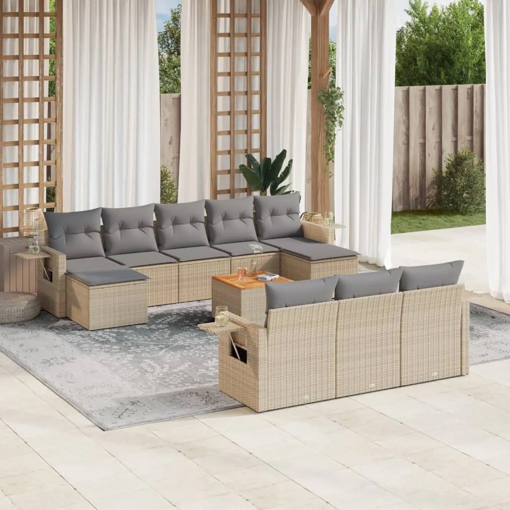 Set Divani da Giardino 11 pz con Cuscini Beige in Polyrattan