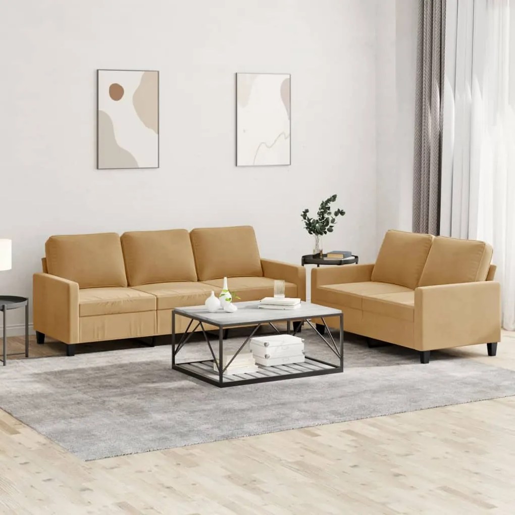 Set Di Divani 2 Pz Con Cuscini Marrone İn Velluto /