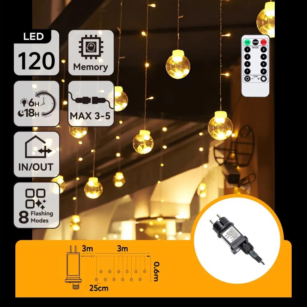 Aigostar - Catena luminosa LED natalizia da esterno, 120 LED, 6 W, 230 V, 8 funzioni, 3 x 0,6 m, IP44, bianco caldo + telecomando