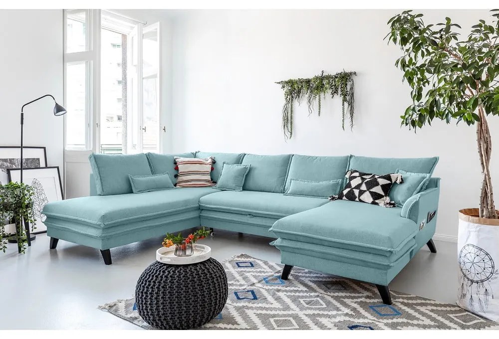 Divano letto a U azzurro, angolo sinistro Charming Charlie - Miuform