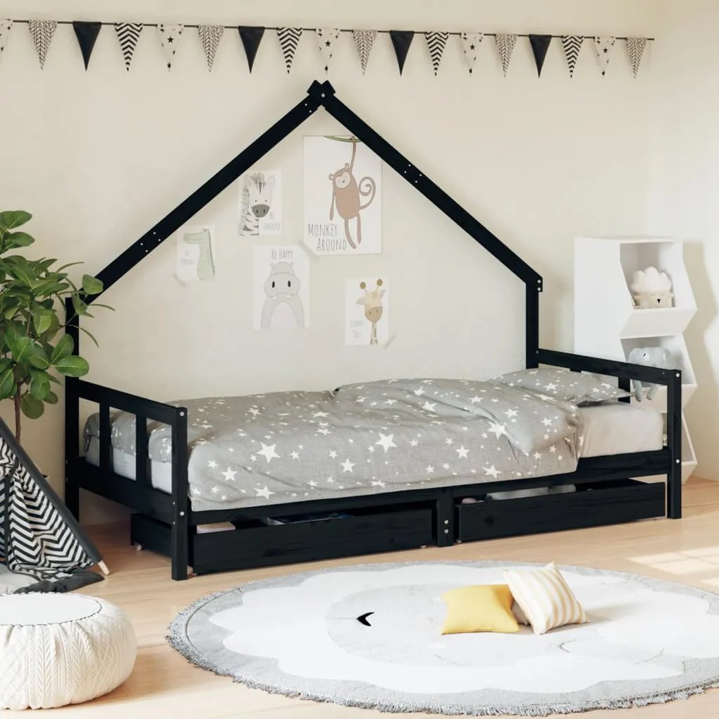 Giroletto bambini con cassetti nero 90x200cm massello di pino