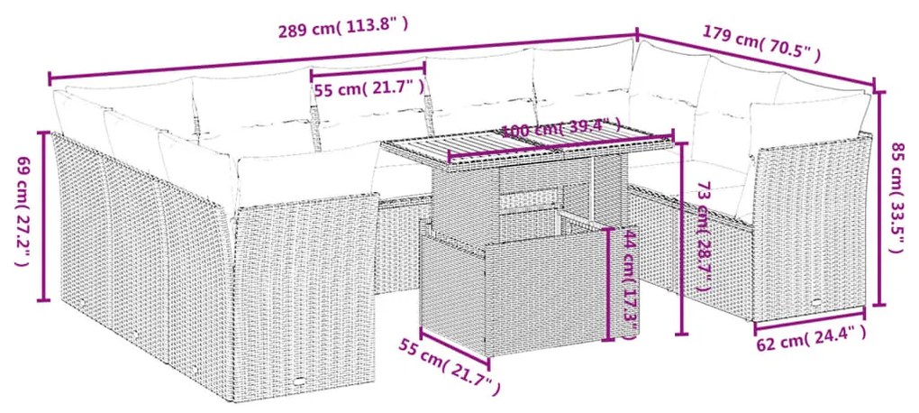 Set divani da giardino 10pz con cuscini in polyrattan nero