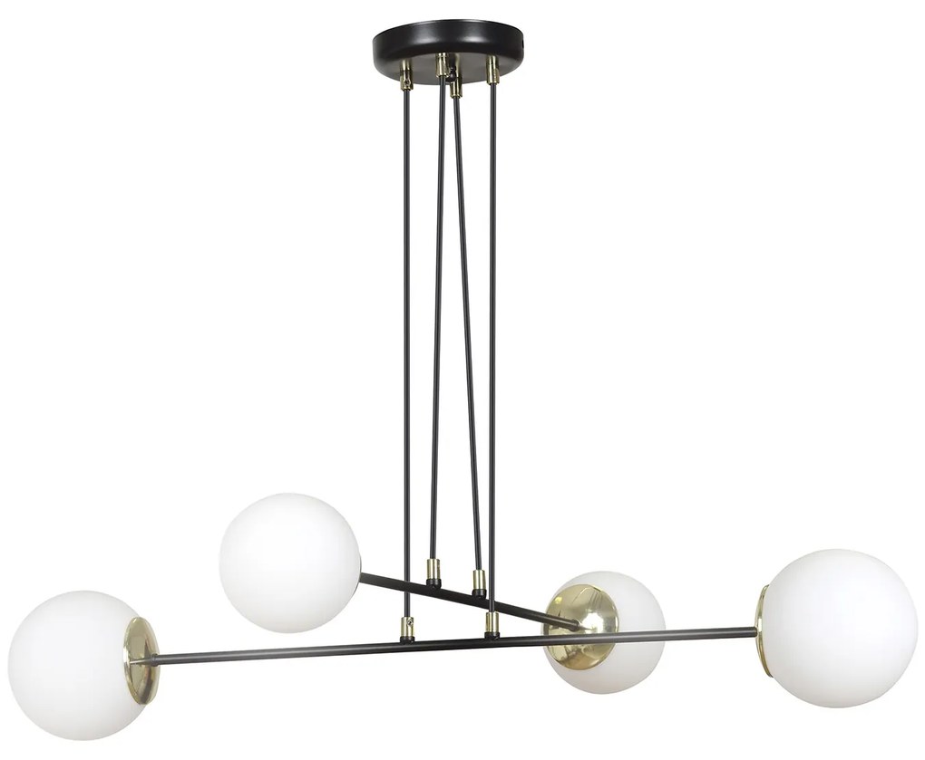 Lampadario Moderno 4 Luci Tsukuyomi In Acciaio Nero E Oro E Vetro A Sfera Opale